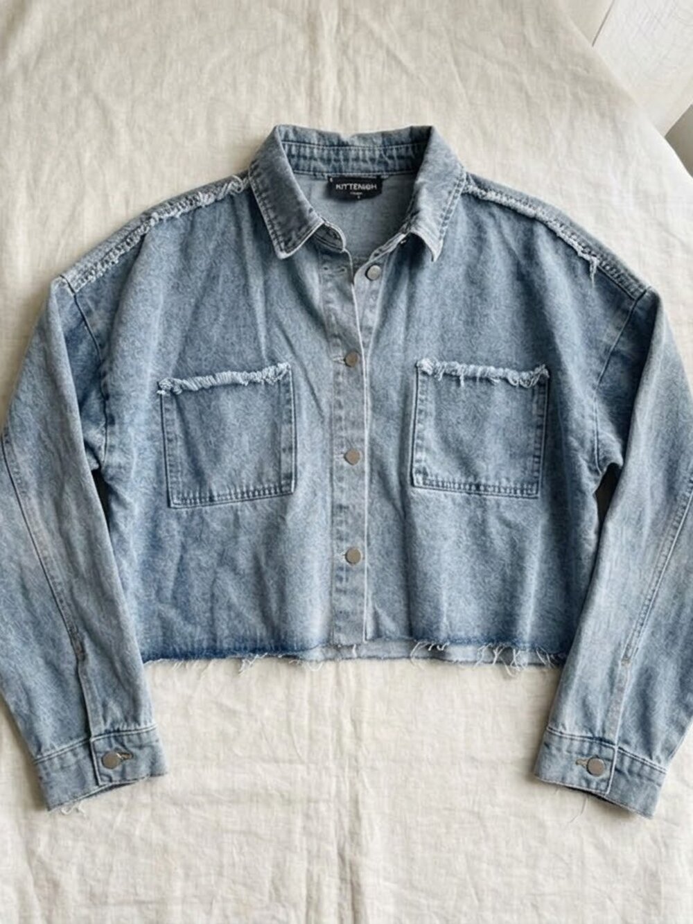 Kittenish Fringe Denim Jacket XL Cropped Oversized Light Wash Western